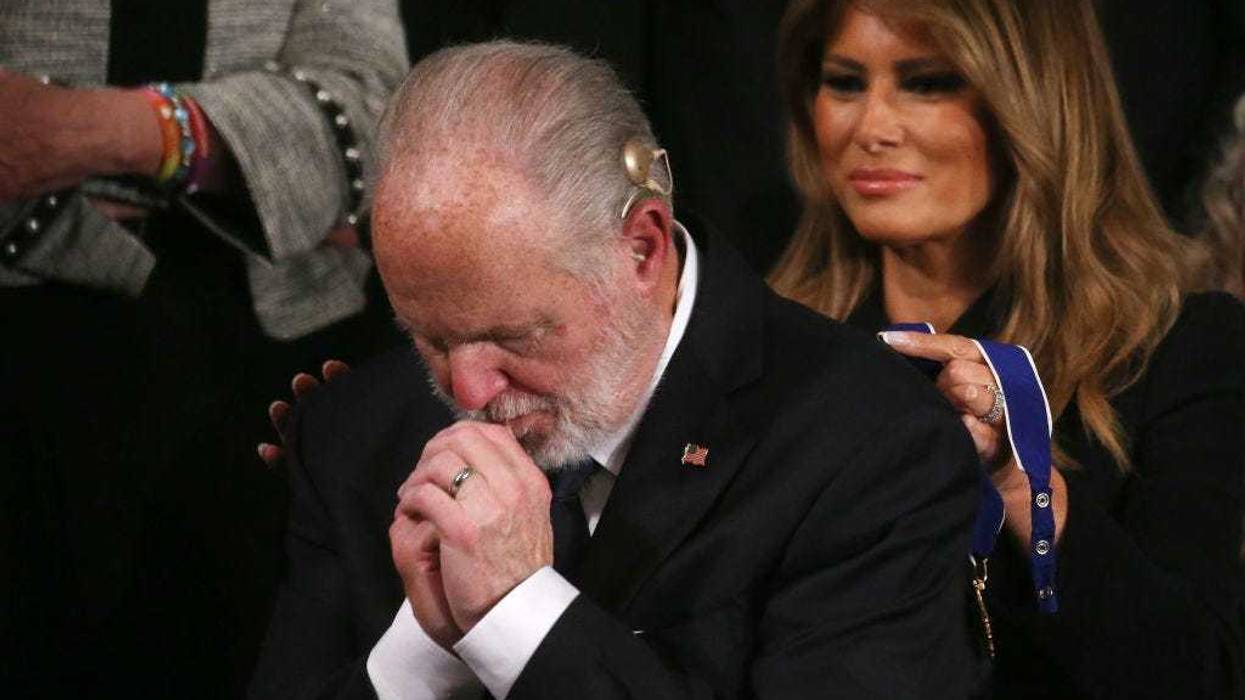 Radio personality Rush Limbaugh reacts as First Lady Melania Trump prepares to give him the Presidential Medal of Freedom during the State of the Union address in the chamber of the U.S. House of Representatives on February 04, 2020 in Washington, DC.