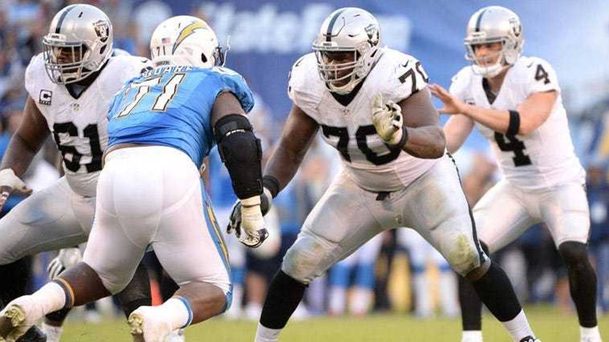 Raiders offensive guard Kelechi Osemele (70) blocks Chargers defensive tackle Damion Square on Dec. 18, 2016, at Qualcomm Stadium in San Diego.