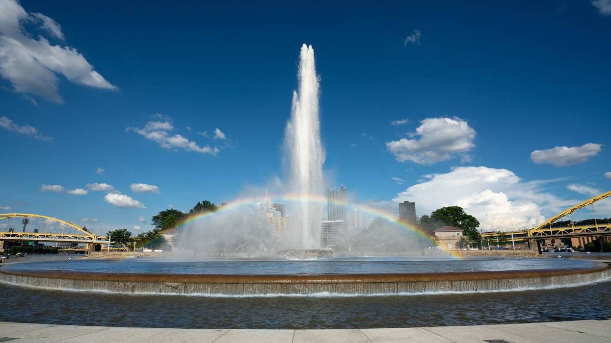 Rainbow appearing in fountain mist at Point State Park in the Pittsburgh