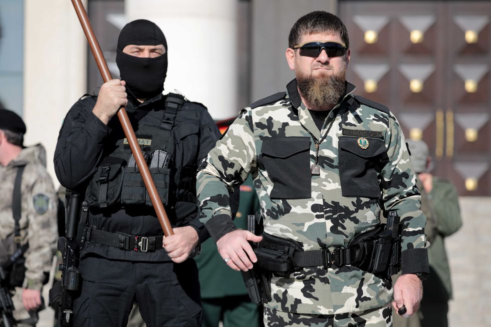 Ramzan Kadyrov (R), head of the Chechen Republic, conducts a review of the Chechen Republic