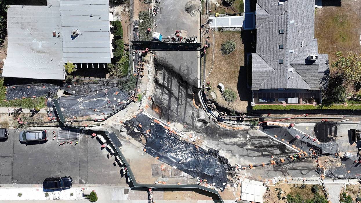 RANCHO PALOS VERDES, CALIFORNIA - SEPTEMBER 03: An aerial view shows damage resulting from ongoing land movement in the area that has forced power shutoffs to homes and California Gov. Gavin Newsom to declare a state of emergency on September 3, 2024 in Rancho Palos Verdes, California. Southern California Edison (SCE) cut off power to more than 200 homes in the area today and advised some residents to prepare to evacuate on short notice. A complex of landslides in the area, connected to ongoing ancient landslides, have accelerated following heavy rains in 2023, damaging homes and roadways.