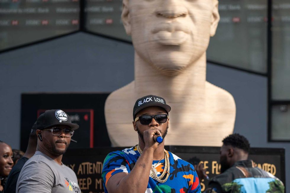 Rapper Papoose speaks at the unveiling of a statute dedicated to his brother George Floyd at Flatbush Junction on June 19, 2021, in the Brooklyn borough of New York City