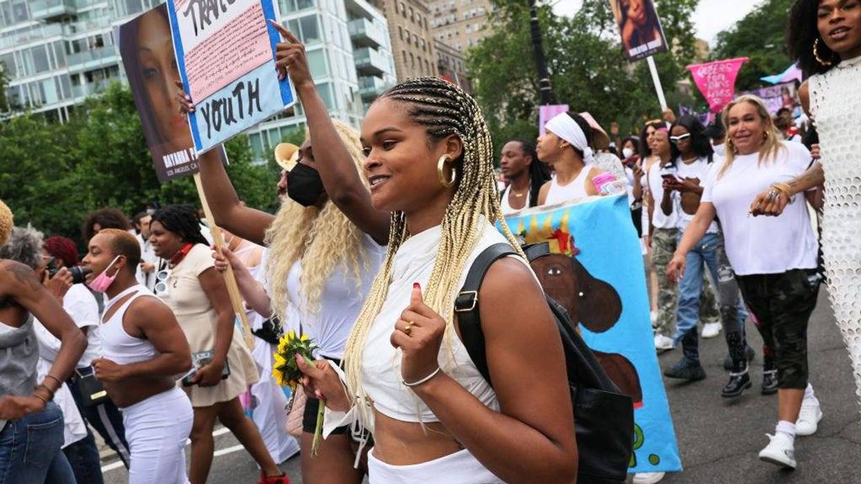 Raquel Willis, a transgender rights activist, joins others as they march during the Brooklyn Liberation's Protect Trans Youth event on June 13, 2021 in the Brooklyn borough in New York City