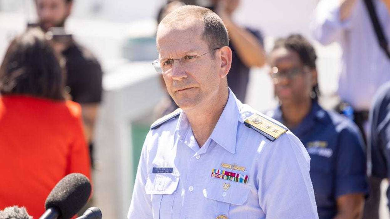 Rear Adm. John Mauger, the First Coast Guard District commander, gives an update on the search efforts for five people aboard a missing submersible approximately 900 miles off Cape Cod, on June 22, 2023 in Boston, Massachusetts.