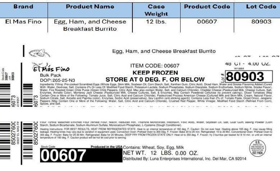 Recalled burrito label