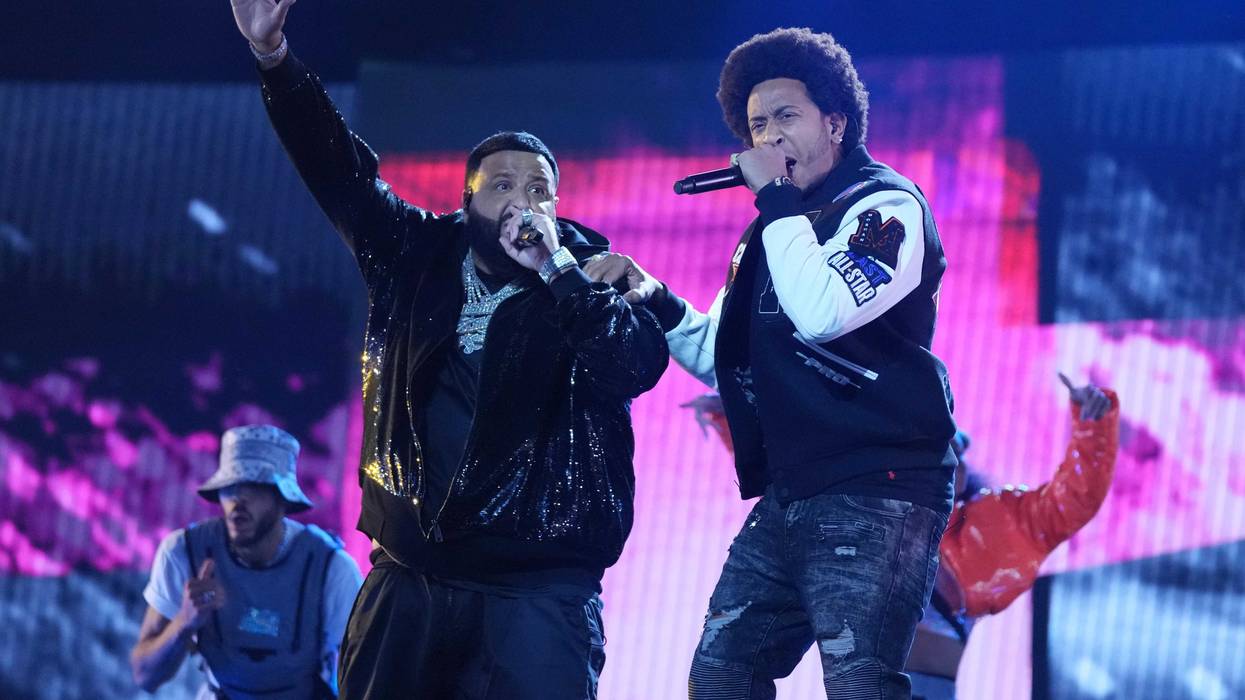 Recording artists Ludacris (right) and DJ Khaled perform during the 2022 NBA All-Star Saturday Night at Rocket Mortgage Field House.