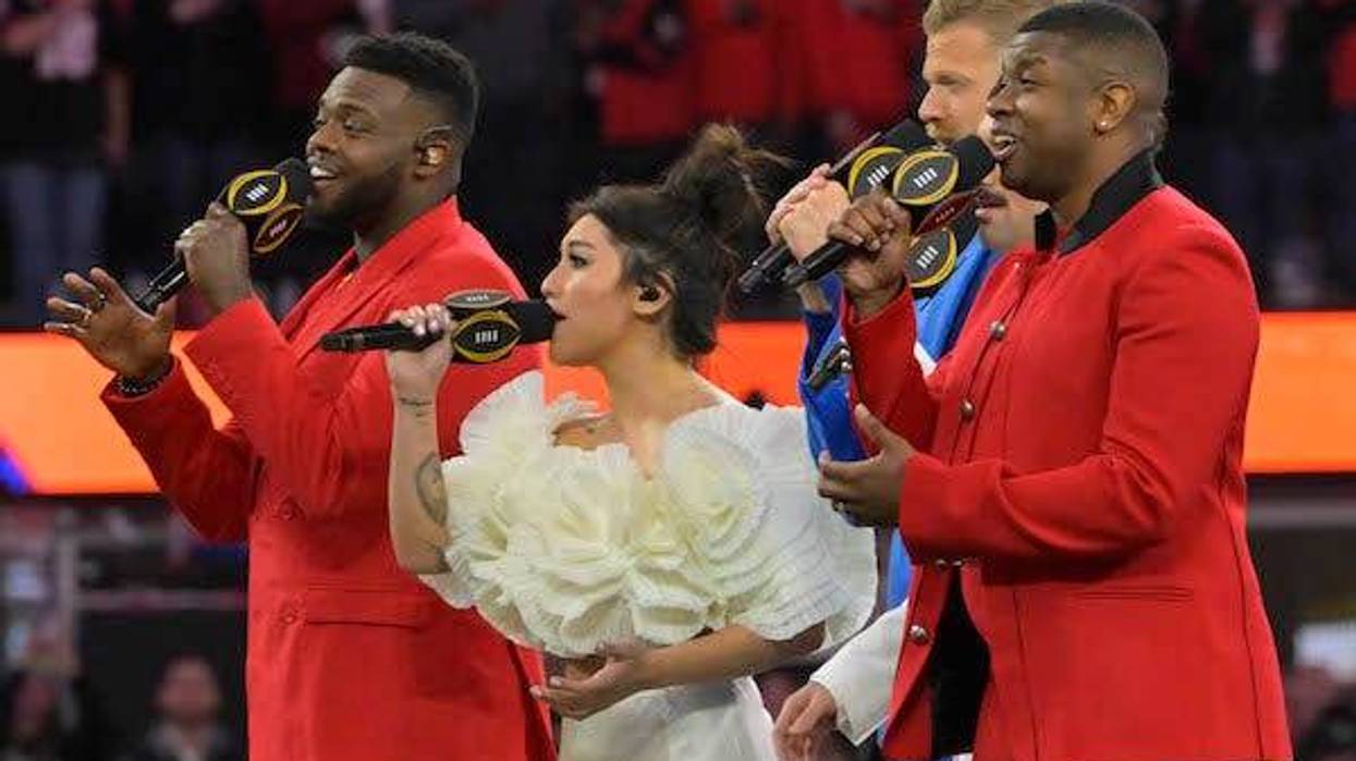 Recording group Pentatonix performs the national anthem before the CFP national championship between the TCU Horned Frogs and the Georgia Bulldogs game at SoFi Stadium