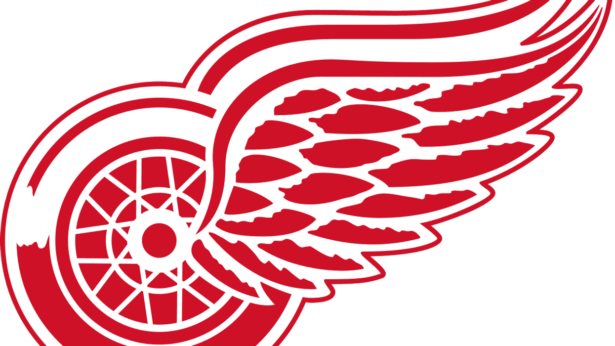 Red and white Detroit Red Wings logo: spoked wheel and feathered wing.