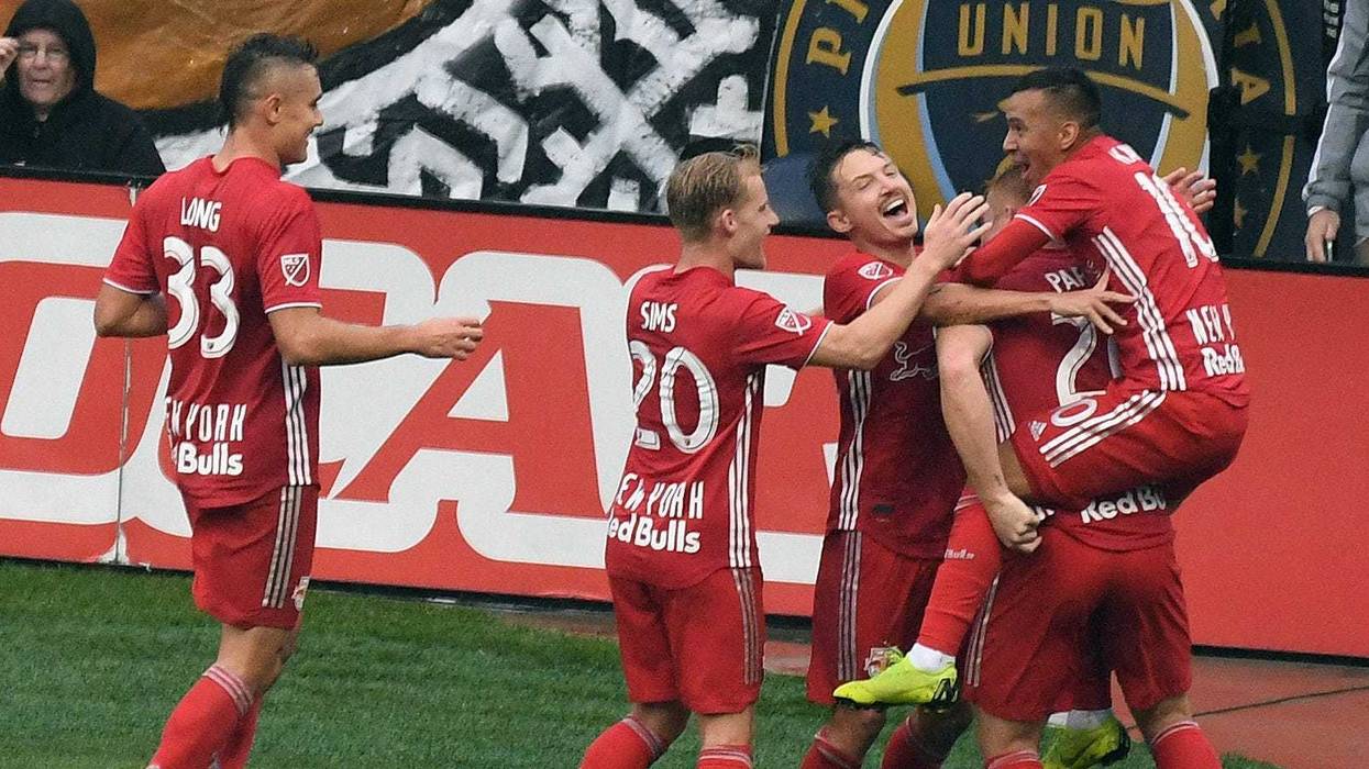 Red Bulls defender Aaron Long (33) celebrates with teammates after scoring a goal against Columbus Crew SC in the second leg of their Eastern Conference semifinal on Nov. 11, 2018, at Red Bull Arena.