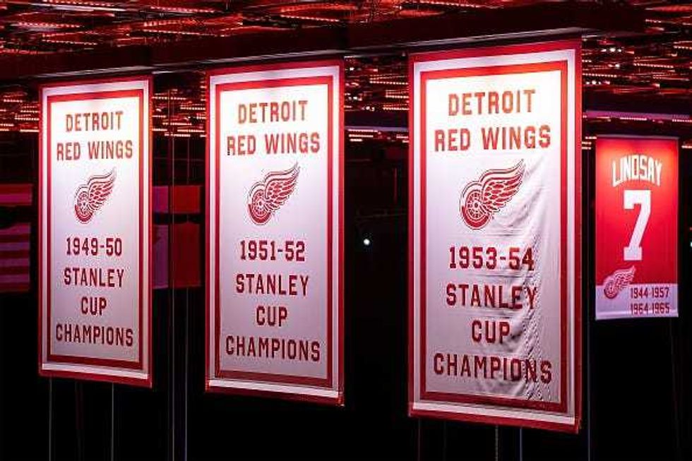 Red Wings championship banners hang from the rafters