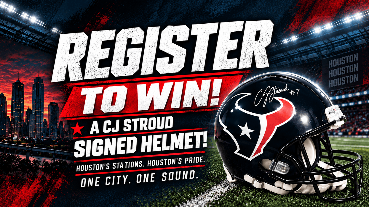 Register to win a CJ Stroud Signed Helmet Houston's Stations. Houston's Pride One City. One Sound. Houston Skyline in the background. A signed Houston Texans helmet is also displayed