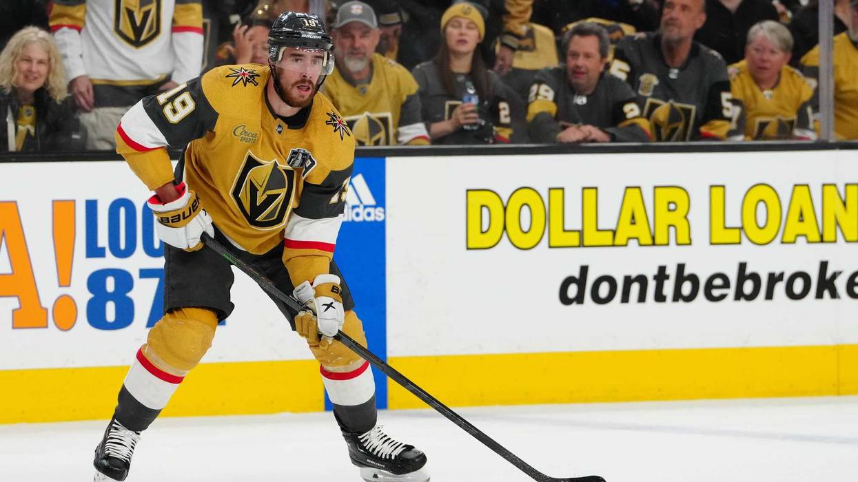 Reilly Smith skates with the puck against the Florida Panthers in game five of the 2023 Stanley Cup Final