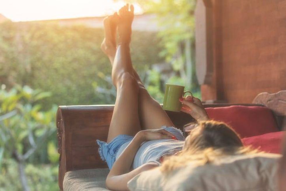 Relaxing on the patio bench