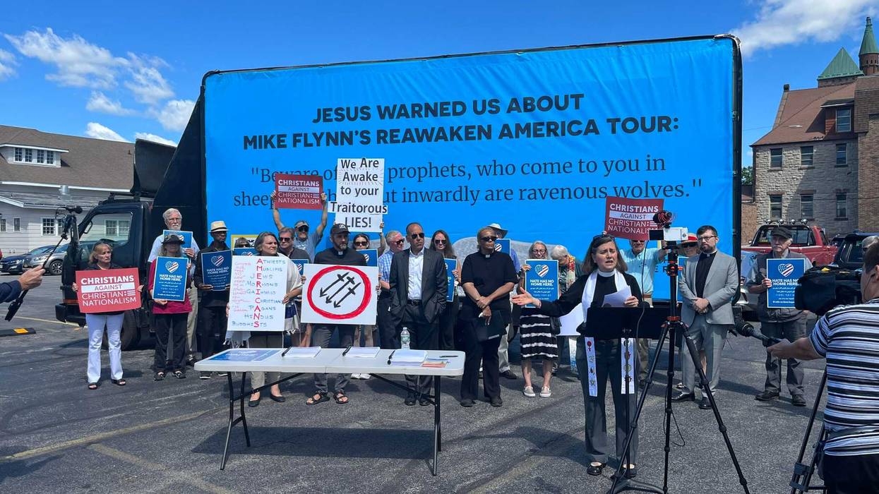 Religious protestors protesting Christian nationalism and the ReAwaken America tour in Batavia, N.Y.