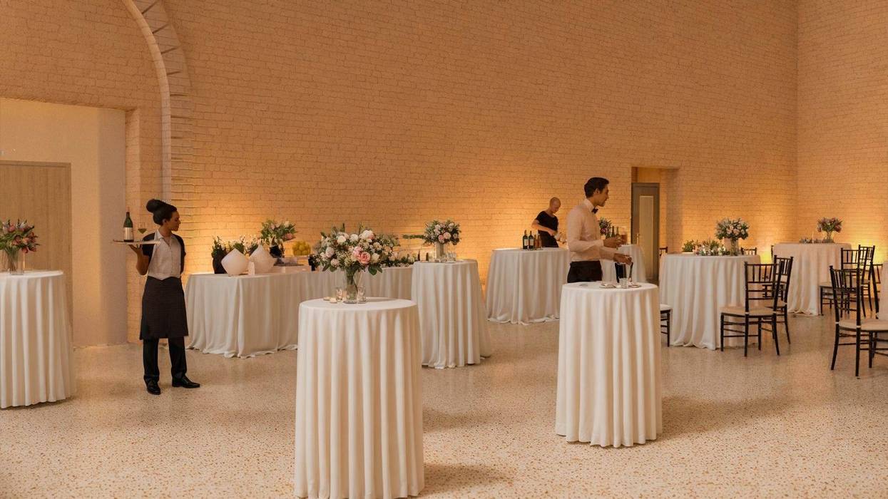 Rendering of a cocktail reception in the Penn Museum's Egypt Gallery, which will open for weddings and corporate events in 2025.