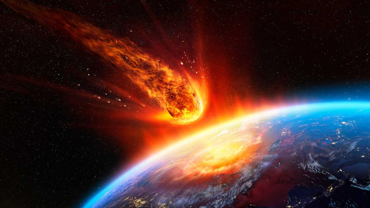 Rendering of an asteroid striking Earth.