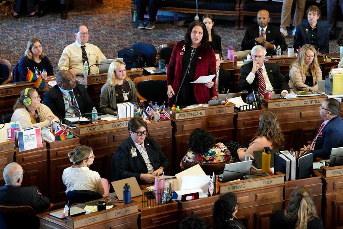 Rep. Aime Wichtendahl, D-Hiawatha, speaks during debate on the gender identity bill, Feb. 27, 2025, at the Statehouse in Des Moines, Iowa.