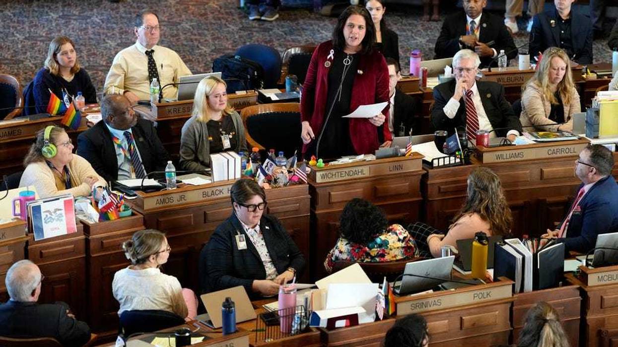Rep. Aime Wichtendahl, D-Hiawatha, speaks during debate on the gender identity bill, Feb. 27, 2025, at the Statehouse in Des Moines, Iowa.