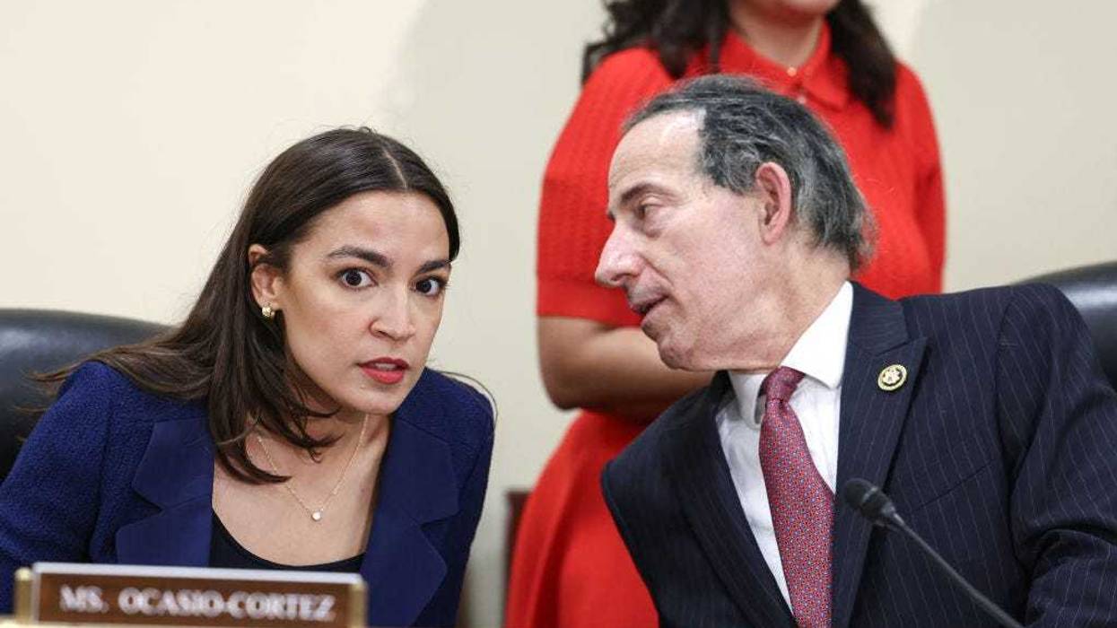 Rep. Alexandria Ocasio-Cortez (D-NY) and Ranking Member Rep. Jamie Raskin (D-MD) chat before a roundtable discussion on Supreme Court Ethics conducted by Democrats of the House Oversight and Accountability Committee at the Rayburn House Office Building on June 11, 2024 in Washington, DC.