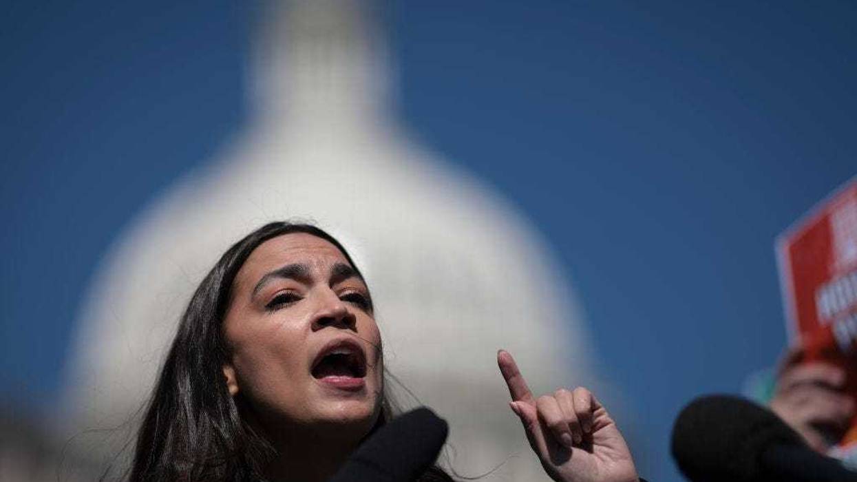 Rep. Alexandria Ocasio-Cortez (D-NY) speaks during a press conference outside the U.S. Capitol with Sen. Bernie Sanders March 21, 2024 in Washington, DC. Ocasio-Cortez and Sanders reintroduced the “Green New Deal for Public Housing Act” during the press conference.
