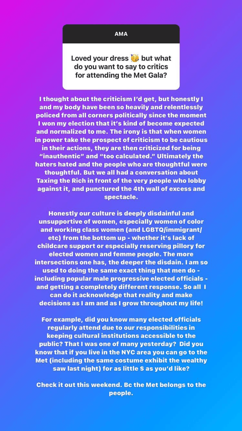 Rep. Alexandria Ocasio-Cortez responds to criticism on her decision to attend the Met Gala in a "tax the rich" gown in an Instagram story Tuesday.