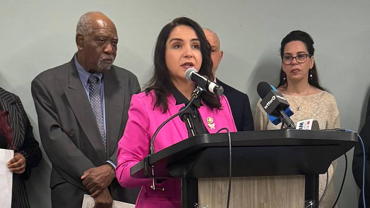 Rep. Delia Ramirez (D-3rd District) talks to reporters at AIDS Foundation Chicago March 23, 2026.