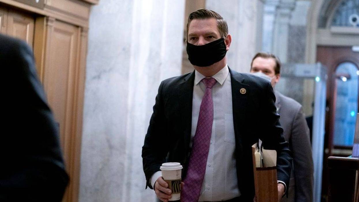 Rep. Eric Swalwell (D-CA) arrives before the fifth day of the Senate Impeachment trials for former President Donald Trump on Capitol Hill on February 13, 2021 in Washington, DC.