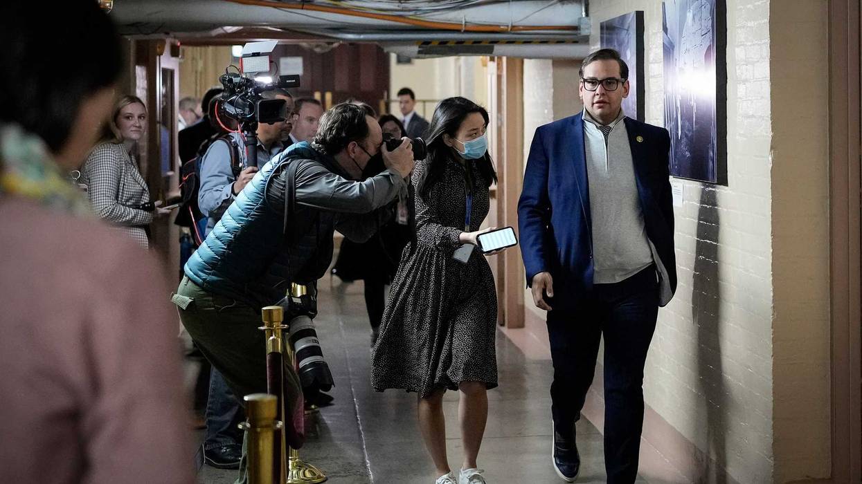 Rep. George Santos (R-NY) leaves a closed-door GOP caucus meeting at the U.S. Capitol on Jan. 10, 2023, in Washington, D.C