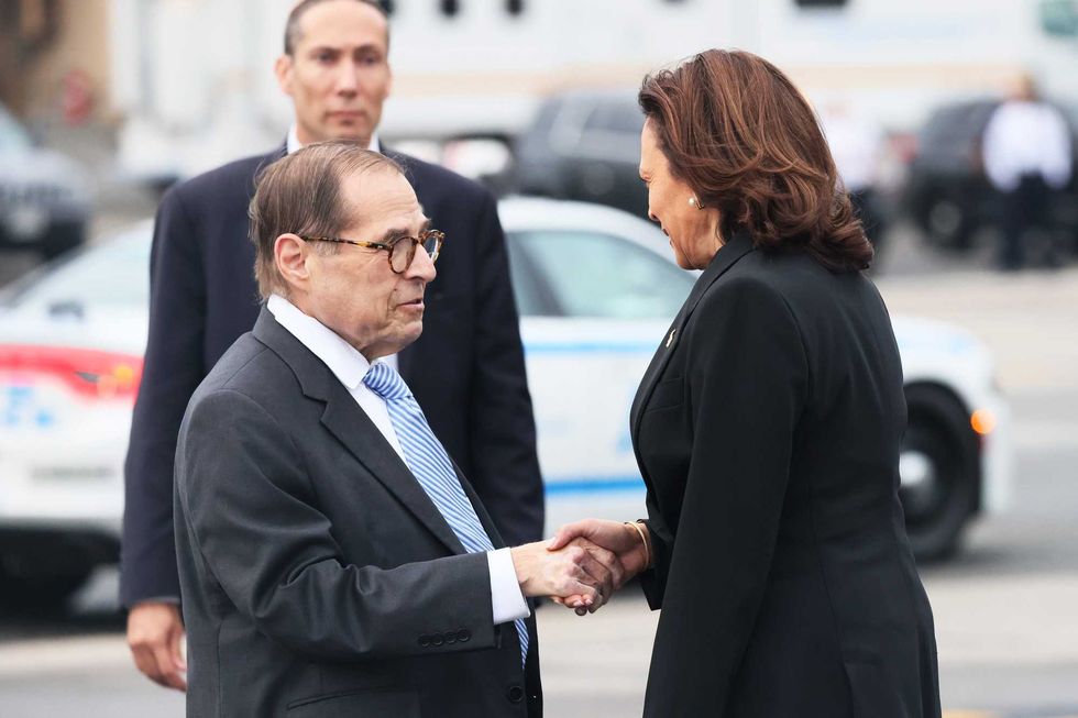 Rep. Jerry Nader (D-NY) greets Vice President Kamala Harris as she arrives at LaGuardia Airport for the annual 9/11 Commemoration Ceremony on September 11, 2023