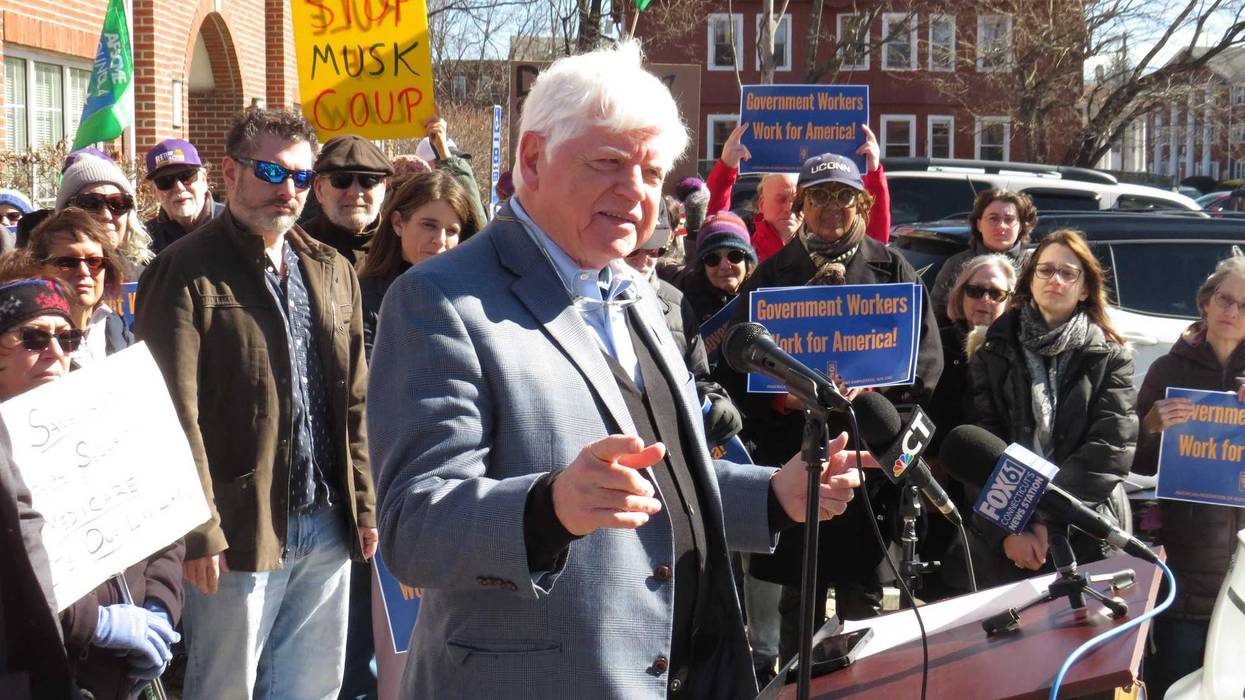 Rep. John Larson (CT-01) speaking at a rally outside the Social Security Administration office in East Hartford, 2/28/25