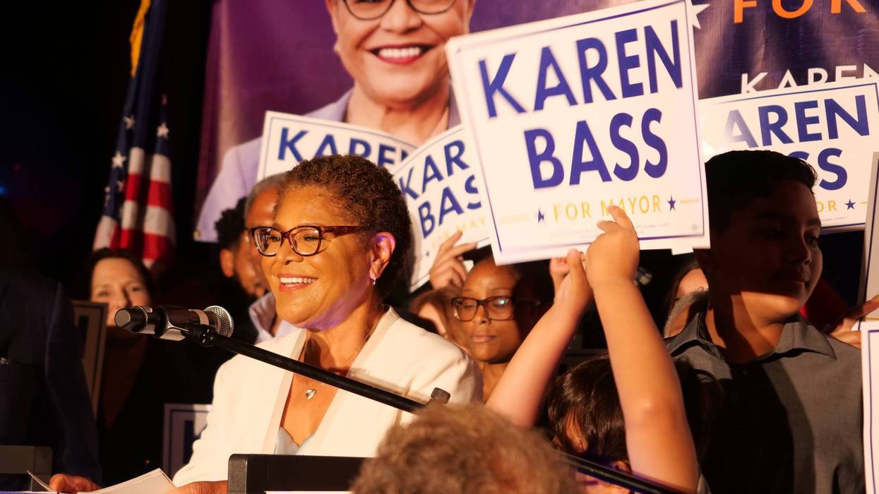 Rep. Karen Bass (D-CA) speaks at her primary night event at W Hollywood on June 07, 2022 in Hollywood, California.
