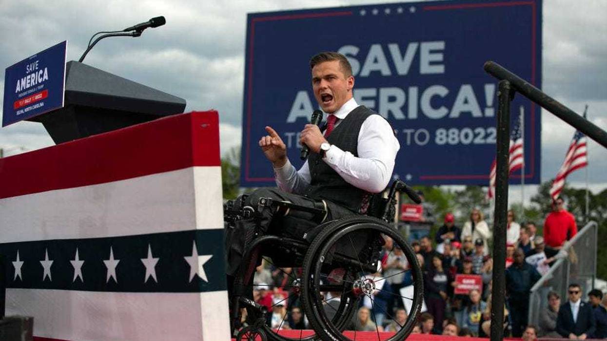 Rep. Madison Cawthorn speaks before a rally for former U.S. President Donald Trump at The Farm at 95 on April 9, 2022 in Selma, North Carolina. The rally comes about five weeks before North Carolinas primary elections where Trump has thrown his support behind candidates in some key Republican races. (Photo by Allison Joyce/Getty Images)