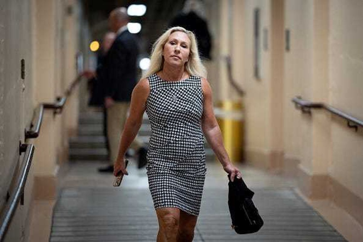 Rep. Marjorie Taylor Greene (R-GA) arrives for a weekly GOP caucus meeting on Capitol Hill on June 4, 2024 in Washington, DC.