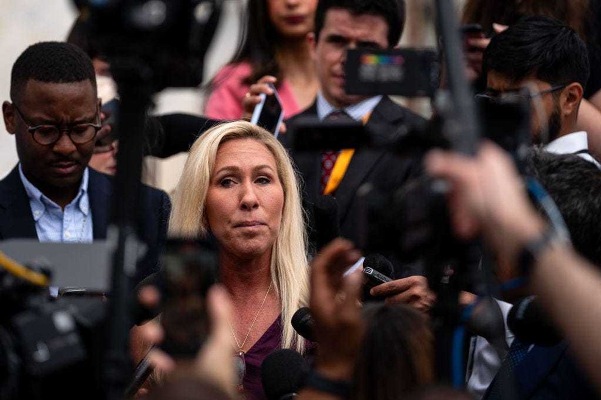 Rep. Marjorie Taylor Greene (R-GA) gaggles with reporters on the steps of the House of Representatives at the U.S. Capitol on April 18, 2024 in Washington, DC.