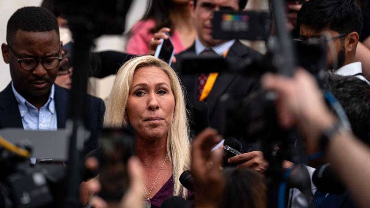 Rep. Marjorie Taylor Greene (R-GA) gaggles with reporters on the steps of the House of Representatives at the U.S. Capitol on April 18, 2024 in Washington, DC.