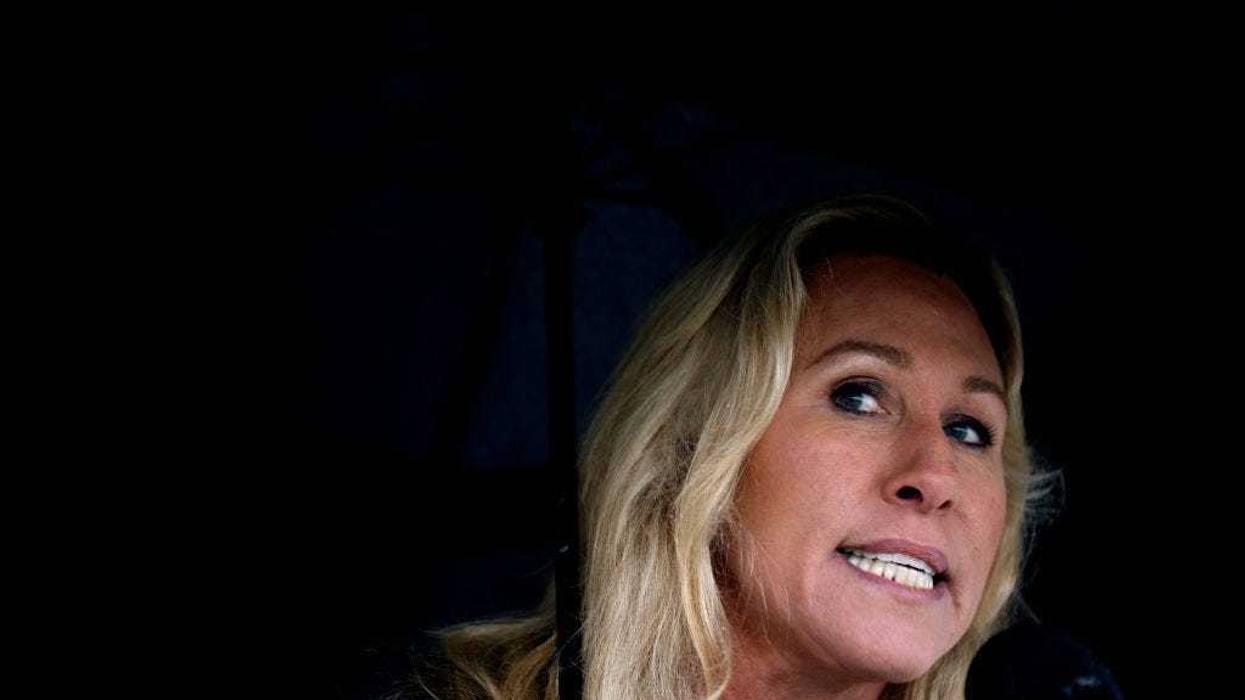 Rep. Marjorie Taylor Greene (R-GA) speaks a news conference in the rain outside of the U.S. Capitol on March 17, 2022 in Washington, DC.