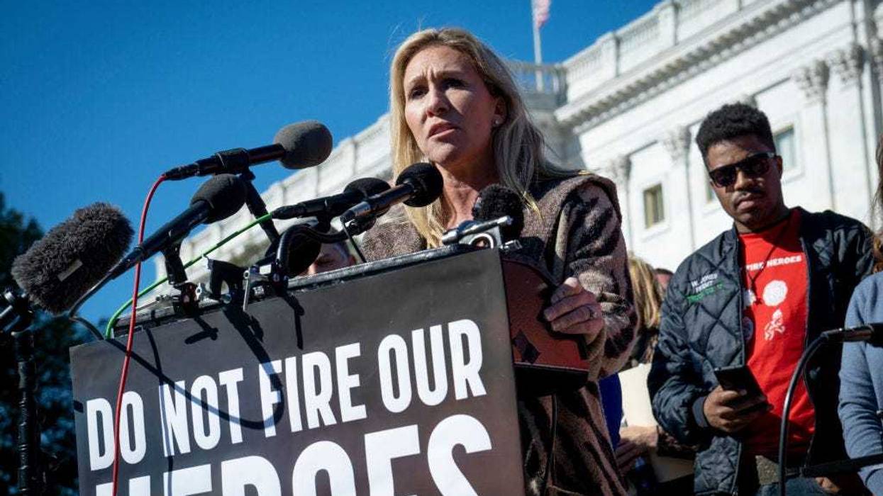 Rep. Marjorie Taylor Greene (R-GA) speaks during a press conference in front of the U.S. Capitol on November 1, 2021 in Washington, DC. The event was held to support first responders who may lose their jobs for refusing to get a COVID-19 vaccination. (Photo by Pete Marovich/Getty Images)