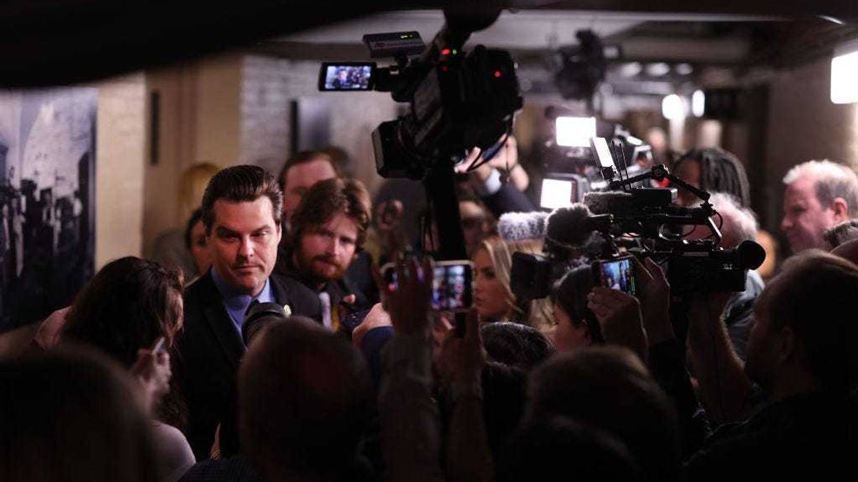 Rep. Matt Gaetz (R-FL) talks to reporters as he leaves a House Republican caucus meeting at the U.S. Capitol on September 19, 2023 in Washington, DC.