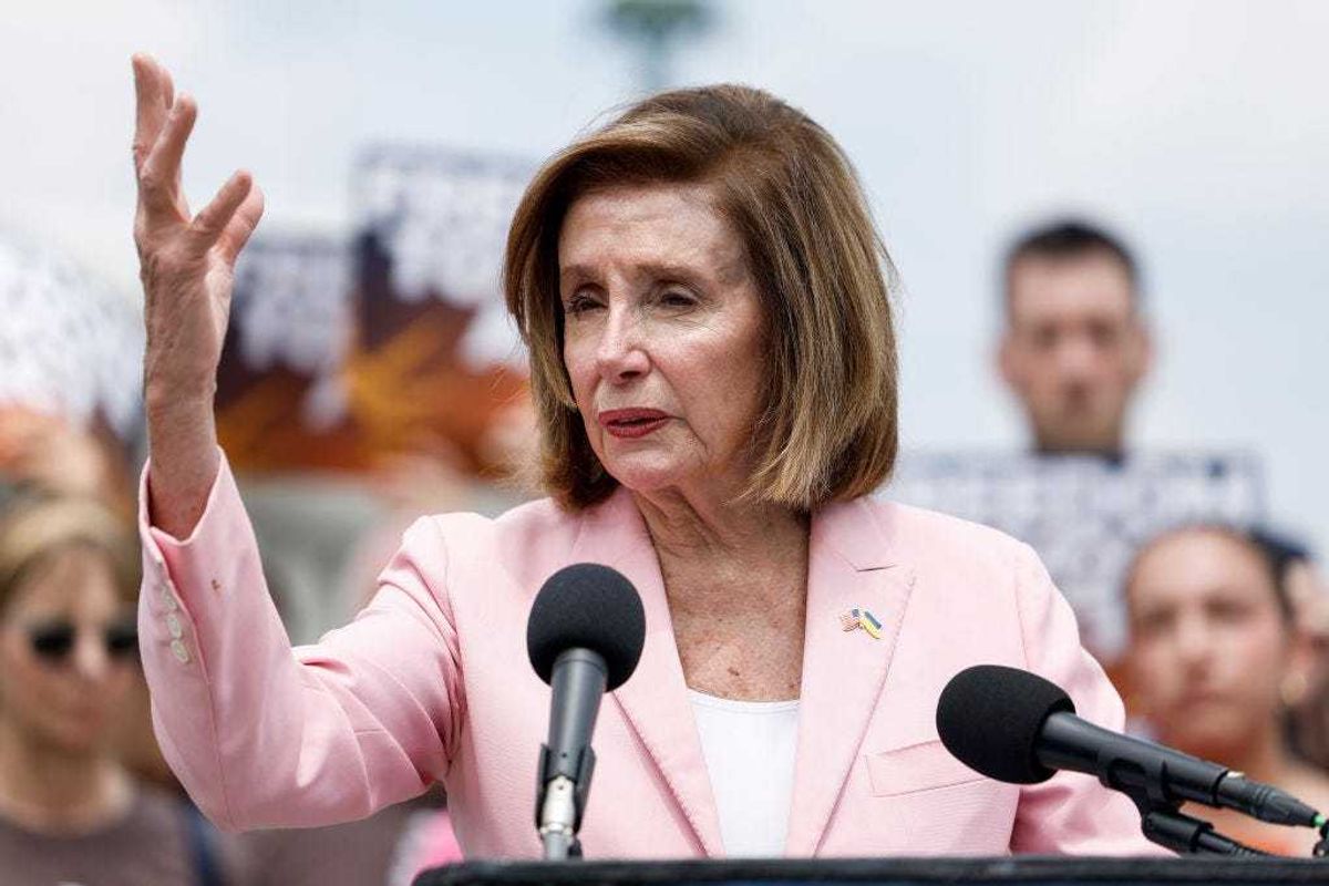 Rep. Nancy Pelosi (D-CA) speaks at a press conference on the reintroduction of the Freedom to Vote Act, outside the U.S. Capitol Building on July 20, 2023 in Washington, DC.