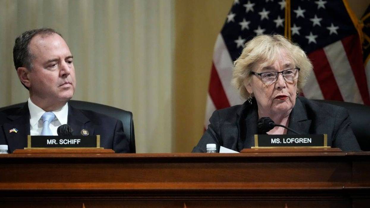 Rep. Zoe Lofgren (D-CA) (R) speaks alongside Rep. Adam Schiff (D-CA) during a Select Committee to Investigate the January 6th Attack on the U.S. Capitol committee business meeting on Capitol Hill March 28, 2022 in Washington, DC.