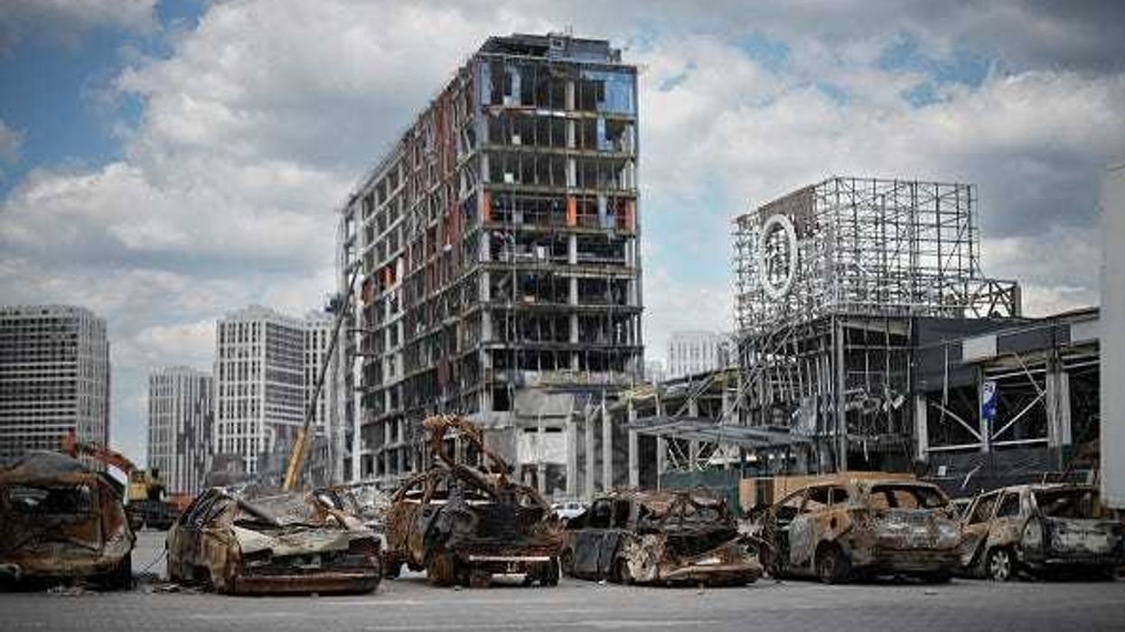 Repair work gets underway at the Retroville shopping centre located in Kyiv which was bombed in a Russian airstrike on June 08, 2022 in Kyiv, Ukraine.
