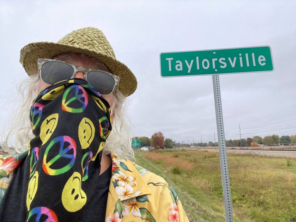 Reporter Jim Taylor outside Taylorsville, Indiana