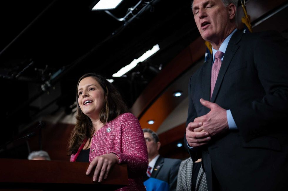 Representative Elise Stefanik (R-N.Y.) and Representative Kevin McCarthy (R-CA), the House Minority Leader, respond to a reporter