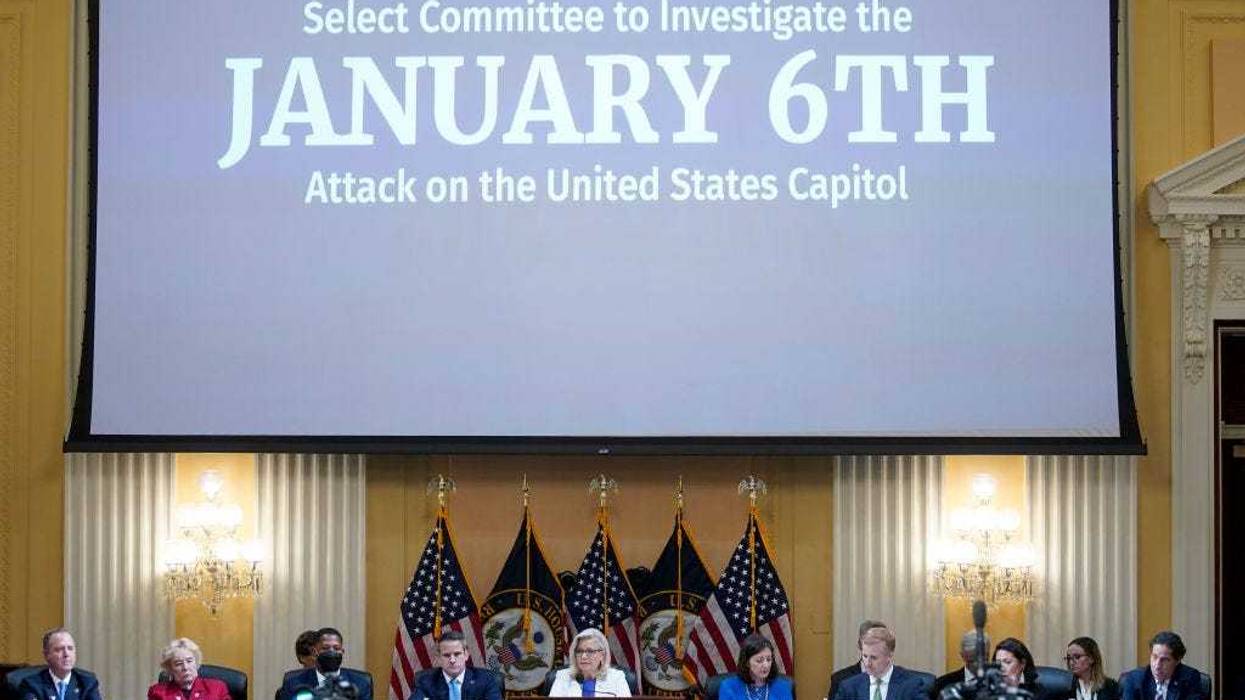 Representative Liz Cheney, a Republican from Wyoming, bottom center, speaks during a hearing of the Select Committee to Investigate the January 6th Attack on the US Capitol on July 21, 2022 in Washington, DC.