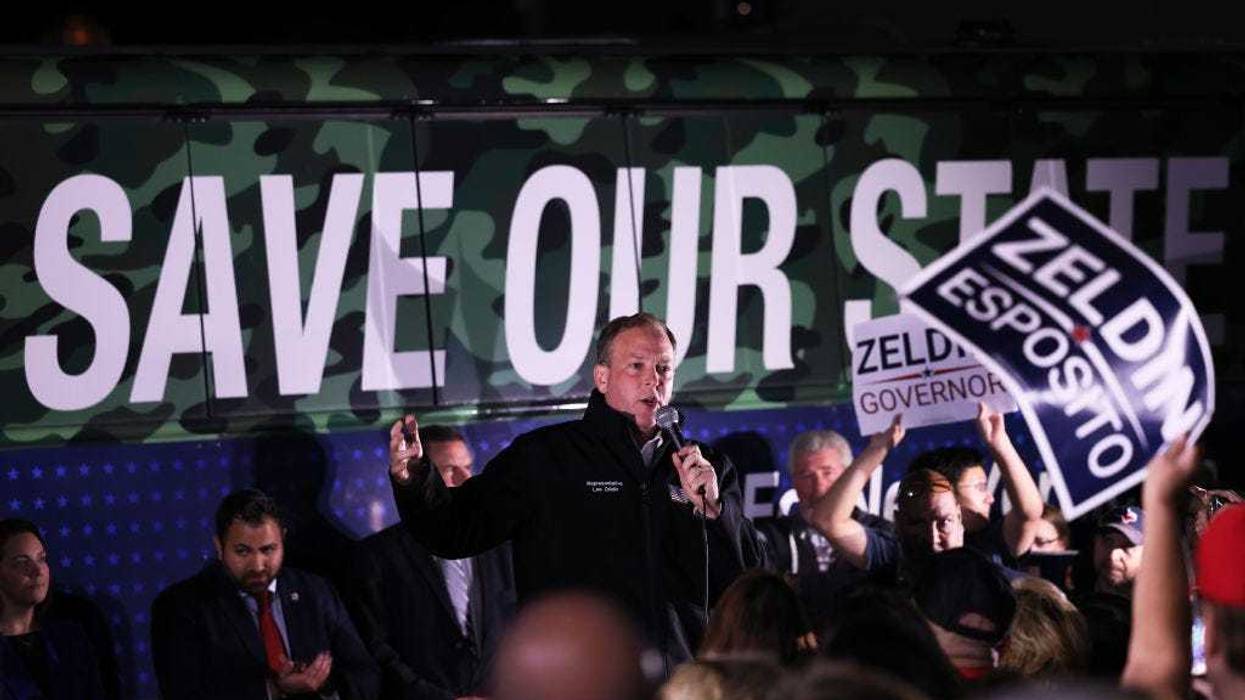 Republican gubernatorial nominee Rep. Lee Zeldin (R-NY) speaks during a Get Out the Vote Bus Tour campaign event November 01, 2022 in the Staten Island