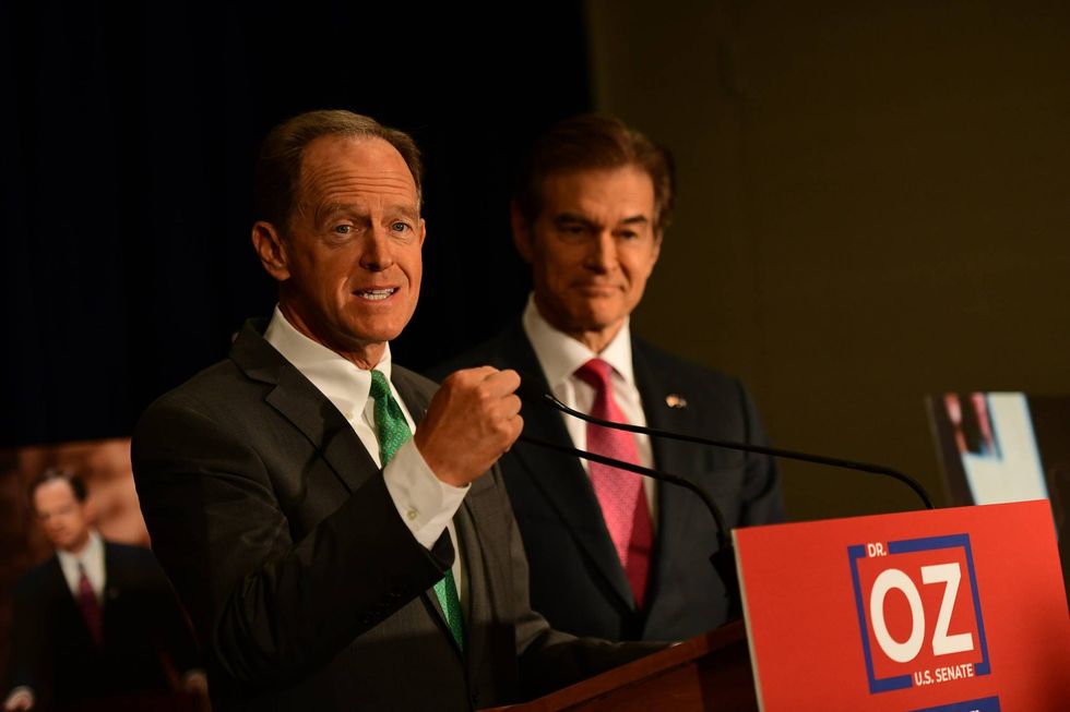 Republican Pa. U.S. Sen. Pat Toomey holds a press conference with Republican U.S. Senate candidate Dr. Mehmet Oz on Sept. 6, 2022, in Philadelphia.