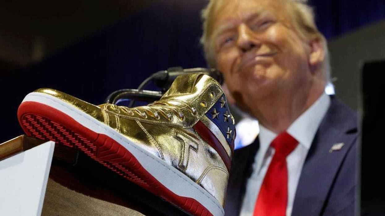 Republican presidential candidate and former President Donald Trump delivers remarks while introducing a new line of signature shoes at Sneaker Con at the Philadelphia Convention Center on February 17, 2024 in Philadelphia, Pennsylvania.