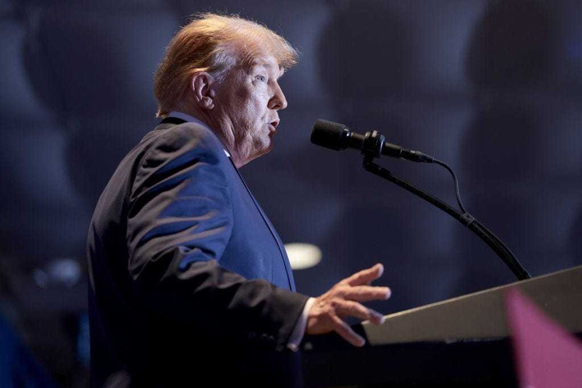 Republican presidential candidate and former President Donald Trump speaks during an election night watch party at the State Fairgrounds on February 24, 2024 in Columbia, South Carolina. South Carolina held its Republican primary today.