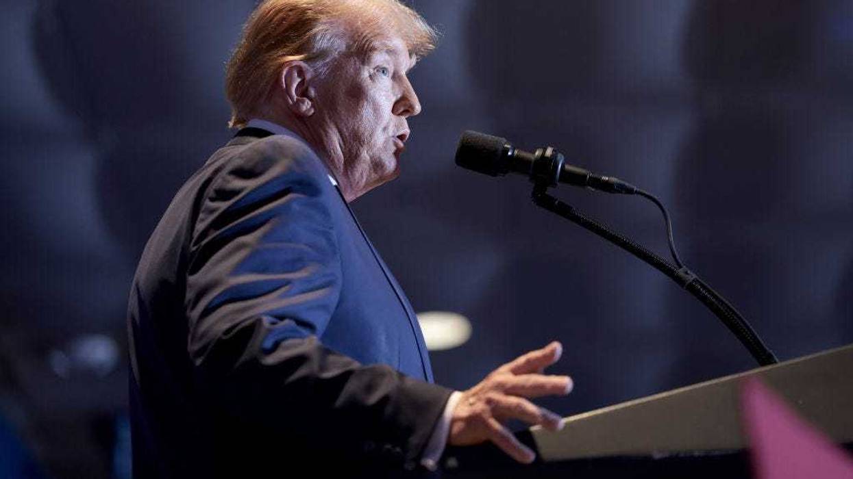 Republican presidential candidate and former President Donald Trump speaks during an election night watch party at the State Fairgrounds on February 24, 2024 in Columbia, South Carolina. South Carolina held its Republican primary today.
