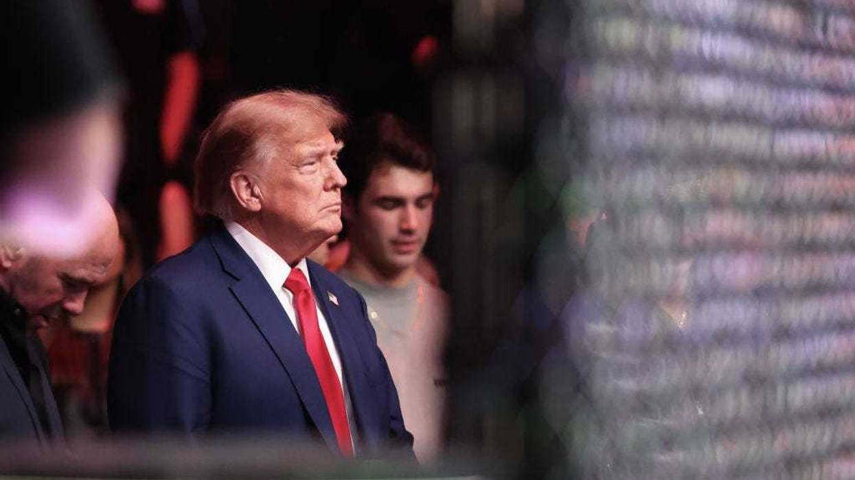 Republican presidential candidate and former U.S. President Donald Trump looks on as he attends the UFC 296: Edwards vs. Covington event at T-Mobile Arena on December 16, 2023 in Las Vegas, Nevada.